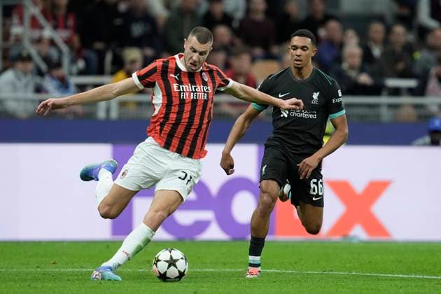 Strahinja Pavlovic (AC Milan) in action, UEFA Champions League 2024 25 League Phase MD1, AC Milan v Liverpool FC, Stadio Giuseppe Meazza (San Siro), September 17, 2024, Milan, Italy.