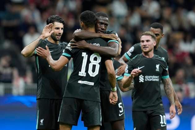 Dominik Szoboszlai (Liverpool FC) celebrates after scoring his team s third goal with team mates, UEFA Champions League 2024 25 League Phase MD1, AC Milan v Liverpool FC, Stadio Giuseppe Meazza (San Siro), September 17, 2024, Milan, Italy.