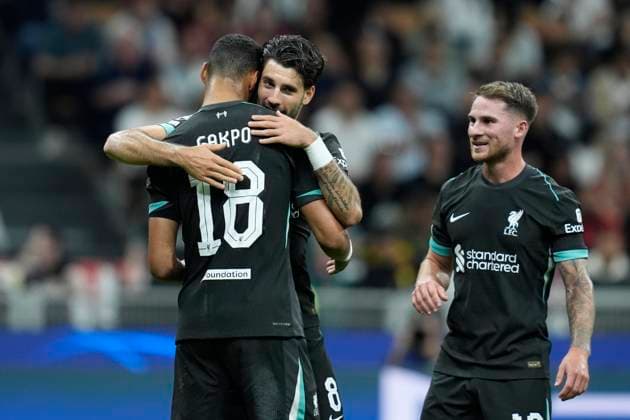 Dominik Szoboszlai (Liverpool FC) celebrates after scoring his team s third goal with team mates, UEFA Champions League 2024 25 League Phase MD1, AC Milan v Liverpool FC, Stadio Giuseppe Meazza (San Siro), September 17, 2024, Milan, Italy.