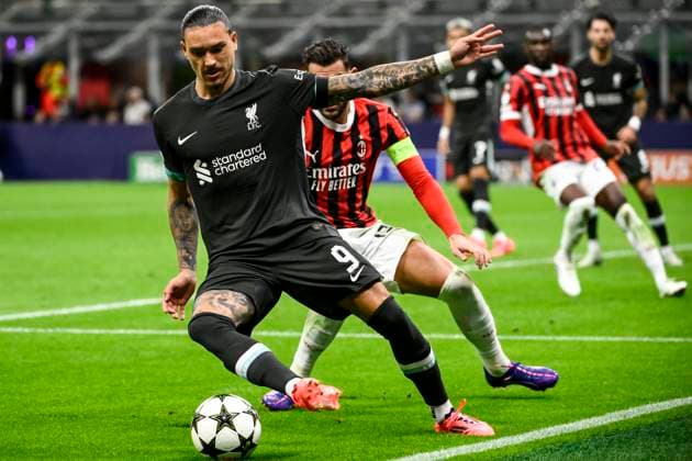 Darwin Nunez of Liverpool FCin action during the UEFA Champions League 2024 205 football match between AC Milan and Liverpool FC at San Siro stadium in Milano (Italy), September 17, 2024. AndreaxStaccioli