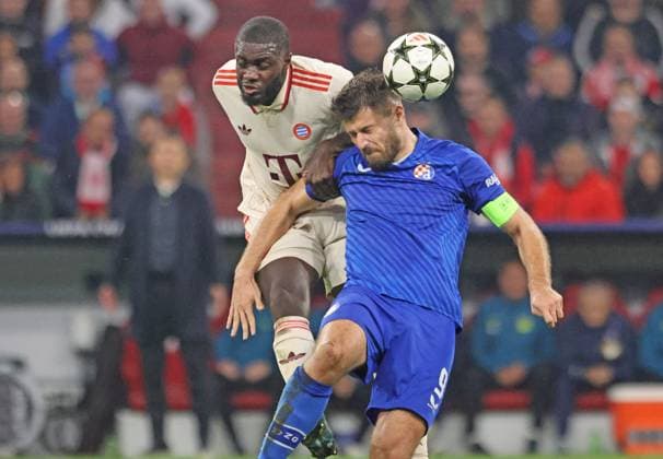 2 Dayot Upamecano FCB vs 9 Bruno Petkovic Dinamo duel Football FC Bayern Munich GNK Dinamo Zagreb UEFA Champions League Allianz Arena 17 09 2024 PHOTO Mladen Lackovic LakoPress