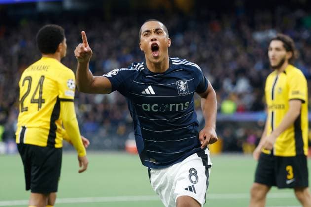 Young Boys Aston Villa goal celebration Youri Tielemans Aston Villa 17 09 2024 Wankdorf Stadion Bern , SWITZERLAND, Football 2024 2025 UEFA Champions League BSC Young Boys Bern Aston Villa goal celebration Youri Tielemans Aston Villa