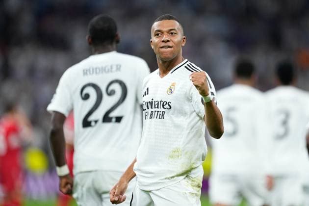 September 17, 2024, Madrid, Madrid, SPAIN: Kylian Mbappe of Real Madrid celebrates a goal during the UEFA Champions League 2024 25 League Phase MD1 match between Real Madrid CF and VfB Stuttgart at Estadio Santiago Bernabeu on September 17, 2024 in Madrid, Spain. Madrid SPAIN - ZUMAa181 20240917_zaa_a181_088 Copyright: xOscarxJ.xBarrosox