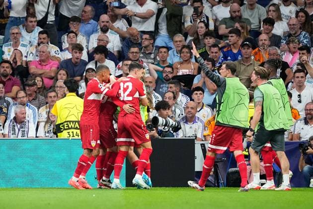 September 17, 2024, Madrid, Madrid, SPAIN: Deniz Undav of Stuttgart celebrates a goal during the UEFA Champions League 2024 25 League Phase MD1 match between Real Madrid CF and VfB Stuttgart at Estadio Santiago Bernabeu on September 17, 2024 in Madrid, Spain. Madrid SPAIN - ZUMAa181 20240917_zaa_a181_097 Copyright: xOscarxJ.xBarrosox