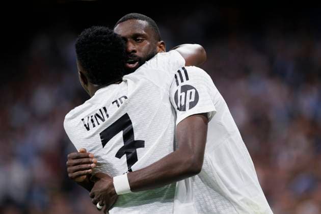 Real Madrid CF v VfB Stuttgart - UEFA Champions League 2024 25 League Phase MD1 Antonio Rudiger of Real Madrid and Vinicius Jr. of Real Madrid celebrate a goal during the UEFA Champions League 2024 25 match between Real Madrid and VfB Stuttgart at Santiago Bernabeu Stadium in Madrid, Spain, on September 17, 2024. Madrid Spain  Copyright: xGuillermoxMartinezx originalFilename:martinez-uefacham240917_npaVJ.jpg