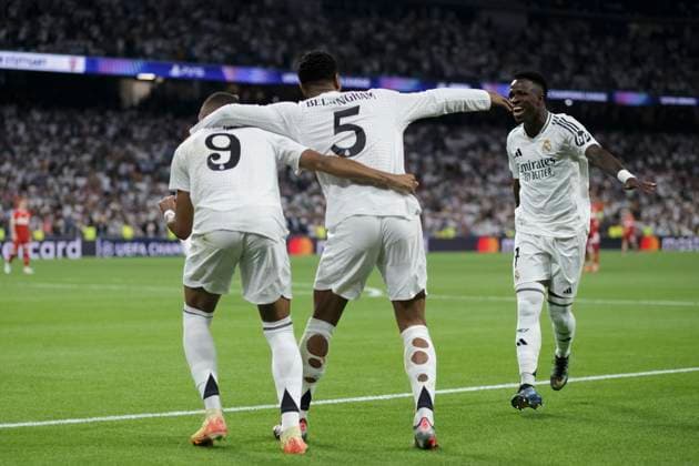 Real Madrid CF v VfB Stuttgart - UEFA Champions League 2024 25 League Phase MD1 Kylian Mbappe, Jude Bellingham, and Vinicius Jr. of Real Madrid celebrate a goal during the UEFA Champions League 2024 25 match between Real Madrid and VfB Stuttgart at Santiago Bernabeu Stadium in Madrid, Spain, on September 17, 2024. Madrid Spain  Copyright: xGuillermoxMartinezx originalFilename:martinez-uefacham240917_npdNV.jpg
