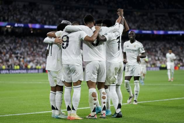 Real Madrid CF v VfB Stuttgart - UEFA Champions League 2024 25 League Phase MD1 Several players of Real Madrid celebrate a goal during the UEFA Champions League 2024 25 match between Real Madrid and VfB Stuttgart at Santiago Bernabeu Stadium in Madrid, Spain, on September 17, 2024. Madrid Spain  Copyright: xGuillermoxMartinezx originalFilename:martinez-uefacham240917_npNKN.jpg