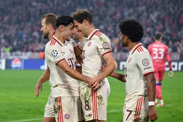 17 09 2024, Football, Champions League, Matchday 1, Season 2024 2025, FC Bayern Munich Dinamo Zagreb, Leon Goretzka FC Bayern Munich r celebrates the goal for 9 2 with Aleksandar Pavlovic FC Bayern Munich l xRHR PHOTO TKx Copyright: RHR-FOTOx RHR-FOTO TK