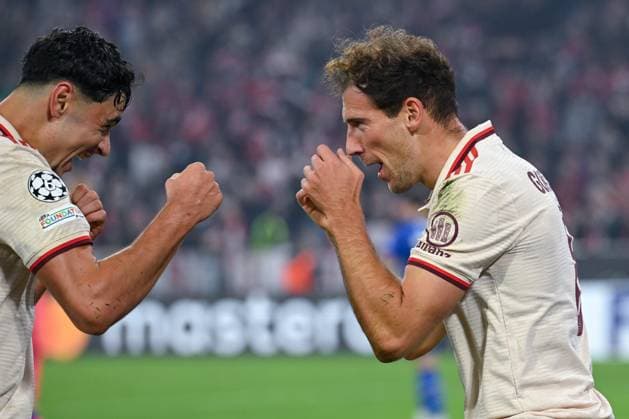 17 09 2024, Football, Champions League, Matchday 1, Season 2024 2025, FC Bayern Munich Dinamo Zagreb, Leon Goretzka FC Bayern Munich r celebrates the goal for 9 2 with Aleksandar Pavlovic FC Bayern Munich l xRHR PHOTO TKx Copyright: RHR-FOTOx RHR-FOTO TK