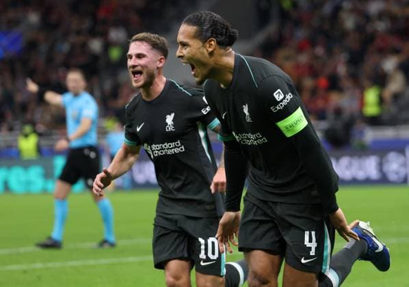 September 17, 2024, Milan, Italy: Liverpool s VIRGIL VAN DIJK (R) jubilates with his teammate Liverpool s ALEXIS MAC ALLISTER after scoring goal of 1 to 2 during the UEFA Champions League soccer match between Ac Milan and Liverpool at Giuseppe Meazza stadium. Liverpool won 3:1. Soccer 2024: Milan 1:3 Liverpool  - ZUMAa110 20240917_zaf_a110_036 Copyright: xMatteoxBazzix