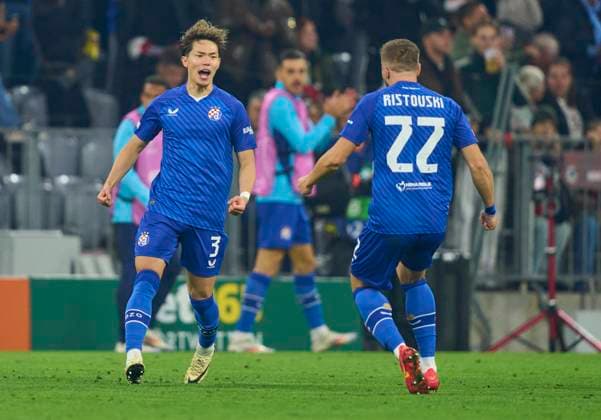 Takuya Ogiwara, Zagreb 3 celebrates his goal, happy, laugh, celebration, 3-2 in the group league match FC BAYERN MUENCHEN - DINAMO ZAGREB 9-2 of football UEFA Champions League in season 2024 2025 in Munich, Sep 17, 2024 , FCB, 1. Spieltag, München
