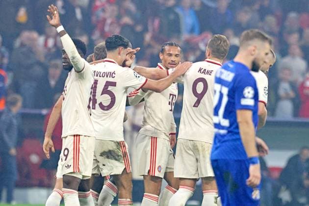 10 Leroy Sane, 45 Aleksandar Pavlovic, 9 Harry Kane and colleagues FCB cheers, goal celebration, group, football FC Bayern Munich GNK Dinamo Zagreb UEFA Champions League Allianz Arena 17 09 2024 PHOTO Mladen Lackovic LakoPress