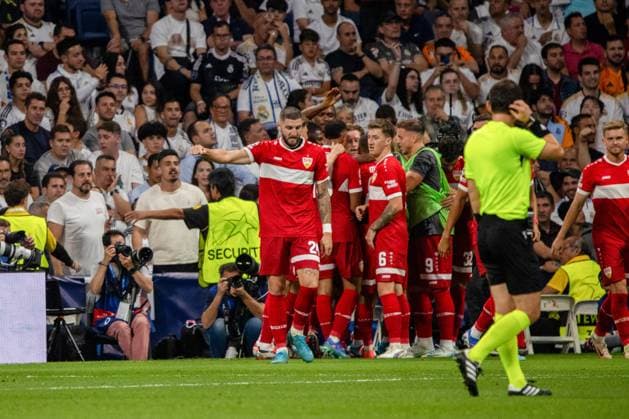 September 17, 2024, Madrid, Spain: A group of Stuttgart players celebrate a goal during the 2024 25 UEFA Champions League group stage match between Real Madrid CF and VfB Stuttgart at Santiago BernabÃˆu Stadium Real Madrid defeated Stuttgart tonight at the Santiago Bernabeu stadium by 3 goals to 1 in the first match of the 2024-2025 UEFA Champions League. Madrid Spain - ZUMAs197 20240917_aaa_s197_277 Copyright: xDavidxCanalesx