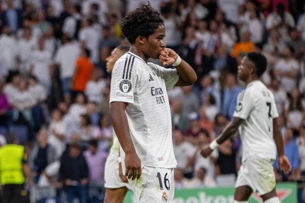September 17, 2024, Madrid, Spain: Real Madrid s Brazilian forward 16 Endrick celebrates after scoring his team s third goal during the UEFA Champions League Round 1 football match between Real Madrid CF and Stuttgart VFB at the Santiago BernabÃˆu Stadium in Madrid Real Madrid defeated Stuttgart tonight at the Santiago Bernabeu stadium by 3 goals to 1 in the first match of the 2024-2025 UEFA Champions League. Madrid Spain - ZUMAs197 20240917_aaa_s197_288 Copyright: xDavidxCanalesx