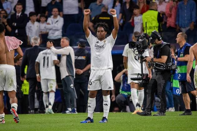 September 17, 2024, Madrid, Spain: Real Madrid s Brazilian forward 16 Endrick celebrates after scoring his team s third goal during the UEFA Champions League Round 1 football match between Real Madrid CF and Stuttgart VFB at the Santiago BernabÃˆu Stadium in Madrid Real Madrid defeated Stuttgart tonight at the Santiago Bernabeu stadium by 3 goals to 1 in the first match of the 2024-2025 UEFA Champions League. Madrid Spain - ZUMAs197 20240917_aaa_s197_293 Copyright: xDavidxCanalesx