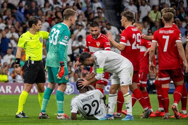 September 17, 2024, Madrid, Spain: Daniel Carvajal holds Antonio Rudiger s head during the 2024 25 UEFA Champions League group stage match between Real Madrid CF and VfB Stuttgart at Santiago BernabÃˆu Stadium Real Madrid defeated Stuttgart tonight at the Santiago Bernabeu stadium by 3 goals to 1 in the first match of the 2024-2025 UEFA Champions League. Madrid Spain - ZUMAs197 20240917_aaa_s197_294 Copyright: xDavidxCanalesx
