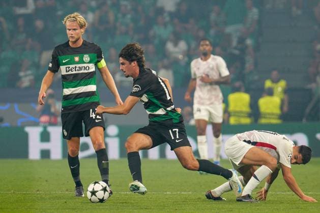 September 17, 2024, Lisbon, Portugal: Morten Hjulmand (L), Francisco Trincao of Sporting CP (C) and Osame Sahraoui of Lille OSC (R) in action during the UEFA Champions League phase first match between Sporting CP and Lillie OSC at Estadio Jose Alvalade. Final score: Sporting CP 2:0 Lille OSC Lisbon Portugal - ZUMAs197 20240917_aaa_s197_347 Copyright: xBrunoxdexCarvalhox