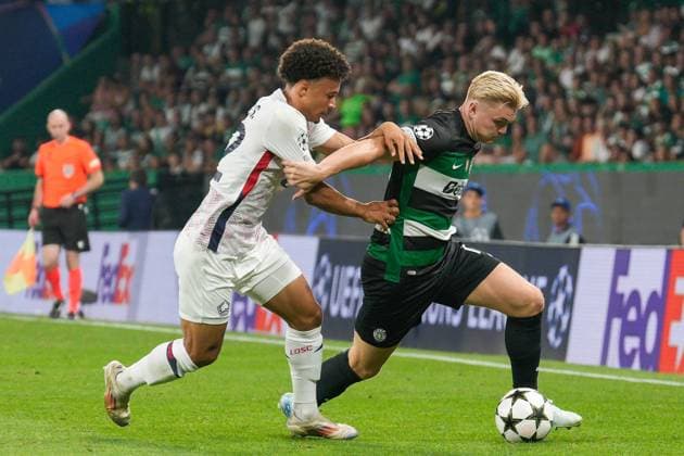 September 17, 2024, Lisbon, Portugal: Tiago Santos of Lille OSC (L) and Conrad Harder of Sporting CP (R) in action during the UEFA Champions League phase first match between Sporting CP and Lillie OSC at Estadio Jose Alvalade. Final score: Sporting CP 2:0 Lille OSC Lisbon Portugal - ZUMAs197 20240917_aaa_s197_388 Copyright: xBrunoxdexCarvalhox