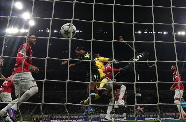 (240918) -- MILAN, Sept. 18, 2024 -- Liverpool s Ibrahima Konate (2nd R) scores his goal during the first round match of UEFA Champions League between AC Milan and Liverpool in Milan, Italy, Sept.17, 2024. (Photo by Xinhua) (SP)ITALY-MILAN-FOOTBALL-UEFA CHAMPIONS LEAGUE-AC MILAN VS LIVERPOOL AlbertoxLingria 