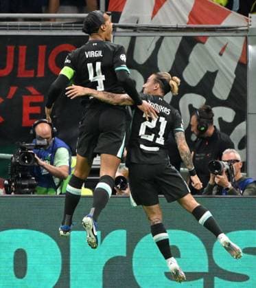 (240918) -- MILAN, Sept. 18, 2024 -- Liverpool s Virgil van Dijk (L) celebrates his goal with his teammate Kostas Tsimikas during the first round match of UEFA Champions League between AC Milan and Liverpool in Milan, Italy, Sept.17, 2024. (Photo by Xinhua) (SP)ITALY-MILAN-FOOTBALL-UEFA CHAMPIONS LEAGUE-AC MILAN VS LIVERPOOL AlbertoxLingria 