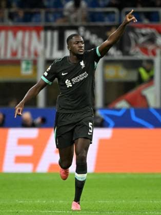 (240918) -- MILAN, Sept. 18, 2024 -- Liverpool s Ibrahima Konate celebrates his goal during the first round match of UEFA Champions League between AC Milan and Liverpool in Milan, Italy, Sept.17, 2024. (Photo by Xinhua) (SP)ITALY-MILAN-FOOTBALL-UEFA CHAMPIONS LEAGUE-AC MILAN VS LIVERPOOL AlbertoxLingria 