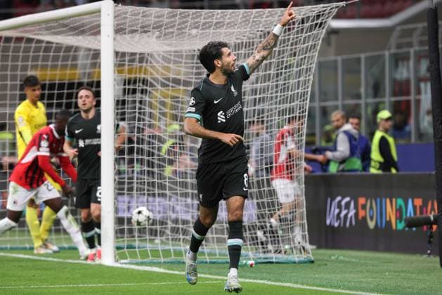 Uefa Champions League: AC Milan vs Liverpool FC Italy, Milan, 2024-09-17: Dominik Szoboszlai (Liverpool) scores and celebrates the 3-1 goal at 67 during soccer game AC Milan vs Liverpool FC, UCL 2024-2025, League phase matchday 1, San Siro Stadium Milan Lombardy Italy Copyright: xFabrizioxAndreaxBertanix