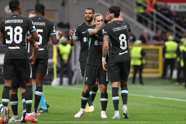 Uefa Champions League: AC Milan vs Liverpool FC Italy, Milan, 2024-09-17: Ryan Gravenberch, Ibrahima Konate, Cody Gakpo, Kostas Tsamakas, Dominik Szoboszlai (Liverpool) scores and celebrates the 3-1 goal at 67 during soccer game AC Milan vs Liverpool FC, UCL 2024-2025, League phase matchday 1, San Siro Stadium Milan Lombardy Italy Copyright: xFabrizioxAndreaxBertanix