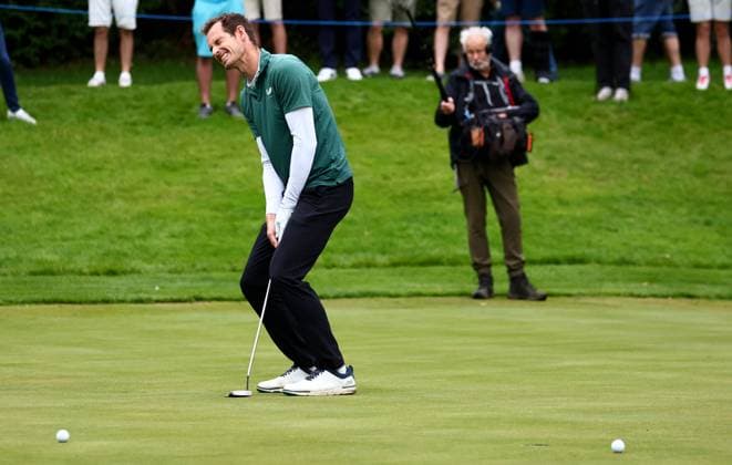Former Tennis player Andy Murray reacts to a missed putt. BMW PGA, Golf Herren Championship, Celebrity Pro-Am, Golf, Wentworth, Surrey, UK - 18 Sep 2024  Copyright: xJamesxMarsh Shutterstockx 14726391ay