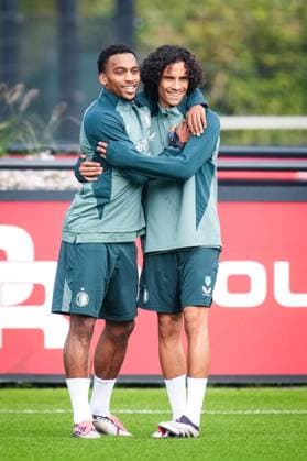 Champions League 2024-2025: training of Feyenoord Rotterdam - Quinten Timber of Feyenoord, Gjivai Zechiel of Feyenoord during the training of Feyenoord in preparation of the Champions League duel against Bayer 04 Leverkussen at Trainingscomplex 1908 on 18 September 2024 in Rotterdam, The Netherlands. Copyright: xYannickxVerhoevenx