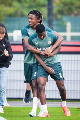 Champions League 2024-2025: training of Feyenoord Rotterdam - Chris-Kevin Nadje of Feyenoord, Ibrahim Osman of Feyenoord during the training of Feyenoord in preparation of the Champions League duel against Bayer 04 Leverkussen at Trainingscomplex 1908 on 18 September 2024 in Rotterdam, The Netherlands. Copyright: xYannickxVerhoevenx