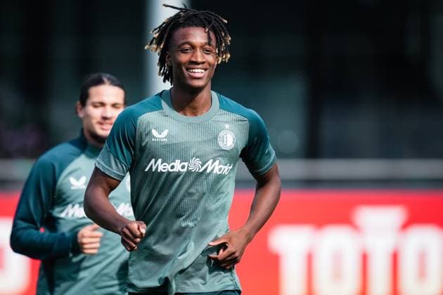 Champions League 2024-2025: training of Feyenoord Rotterdam - Anis Hadj Moussa of Feyenoord, Chris-Kevin Nadje of Feyenoord during the training of Feyenoord in preparation of the Champions League duel against Bayer 04 Leverkussen at Trainingscomplex 1908 on 18 September 2024 in Rotterdam, The Netherlands. Copyright: xYannickxVerhoevenx