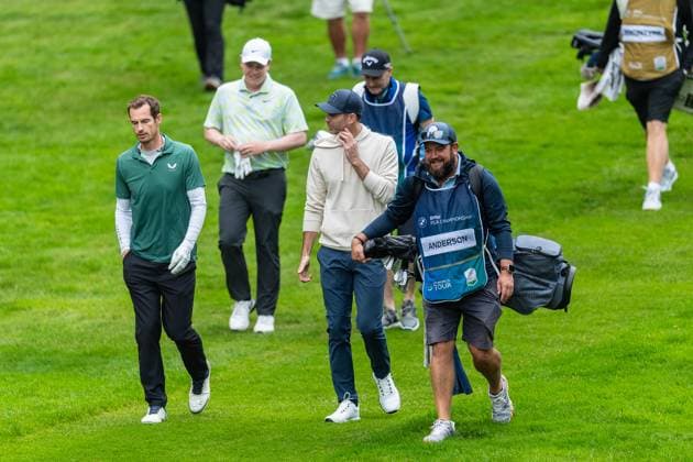 Andy Murray ( in green) and Jimmy Anderson (blue cap) share a joke on the 2nd hole during Pro-Am day of the BMW PGA, Golf Herren Championship at the Wentworth Golf Club, Virginia Water, England on 17 September 2024. Copyright: xGrantxWinterx 41780008