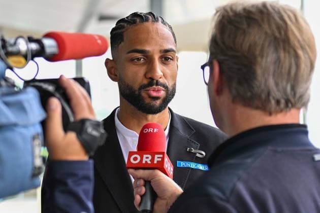 SOCCER - UEFA CL, Brest vs Sturm GRAZ,AUSTRIA,18.SEP.24 - SOCCER - UEFA Champions League, Stade Brestois 29 vs SK Sturm Graz, preview, departure Sturm. Image shows Gregory Wuethrich (Sturm) during an interview.  GEPAxpictures xAvnixRetkoceri