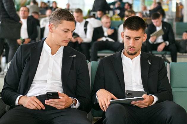 SOCCER - UEFA CL, Brest vs Sturm GRAZ,AUSTRIA,18.SEP.24 - SOCCER - UEFA Champions League, Stade Brestois 29 vs SK Sturm Graz, preview, departure Sturm. Image shows Kjell Scherpen and Matteo Bignetti (Sturm).  GEPAxpictures xAvnixRetkoceri