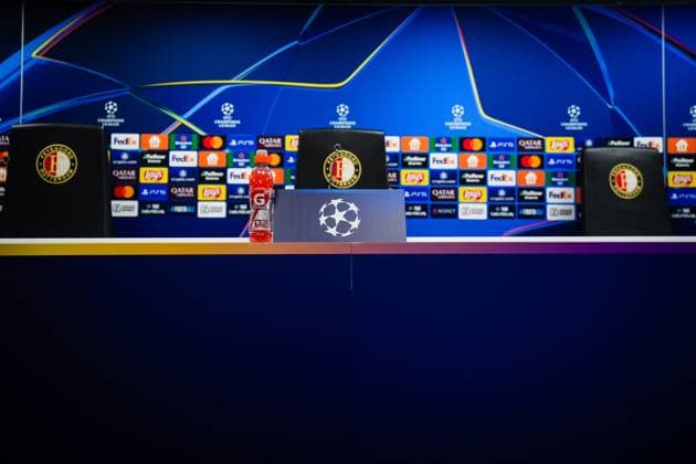 Champions League 2024-2025: press conference, PK, Pressekonferenz of Feyenoord Rotterdam - Champions League setting during the press conference of Feyenoord in preparation of the Champions League duel against Bayer 04 Leverkussen at Stadion Feijenoord De Kuip on 18 September 2024 in Rotterdam, The Netherlands. Copyright: xYannickxVerhoevenx