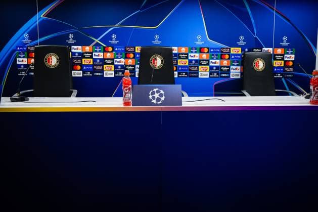 Champions League 2024-2025: press conference, PK, Pressekonferenz of Feyenoord Rotterdam - Champions League setting during the press conference of Feyenoord in preparation of the Champions League duel against Bayer 04 Leverkussen at Stadion Feijenoord De Kuip on 18 September 2024 in Rotterdam, The Netherlands. Copyright: xYannickxVerhoevenx