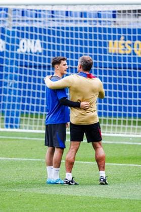 September 18, 2024, Sant Joan Despi, Barcelona, SPAIN: Hansi Flick, head coach and Pablo Martin Gavira Gavi of FC Barcelona, Barca gestures during the training sessions ahead UEFA Champions League, football match against AC Monaco at Ciudad Esportiva Joan Gamper on September 18, 2024 in Sant Joan Despi, Barcelona, Spain. Sant Joan Despi SPAIN - ZUMAa181 20240918_zaa_a181_100 Copyright: xJavierxBorregox
