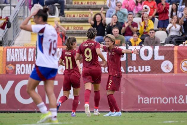 AS Roma s Moeka Minami celebrates after scoring the goal 1-0 during the UEFA Women& x2019;s Champions League 2024 2025 Round 2 between AS Roma vs Servette at the Tre Fontane stadium Rome on 18 September 2024. - Soccer.  Copyright: xFabrizioxCorradetti LaPressex