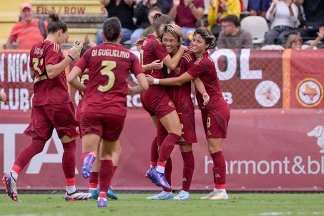 AS Roma s Moeka Minami celebrates after scoring the goal 1-0 during the UEFA Women& x2019;s Champions League 2024 2025 Round 2 between AS Roma vs Servette at the Tre Fontane stadium Rome on 18 September 2024. - Soccer.  Copyright: xFabrizioxCorradetti LaPressex