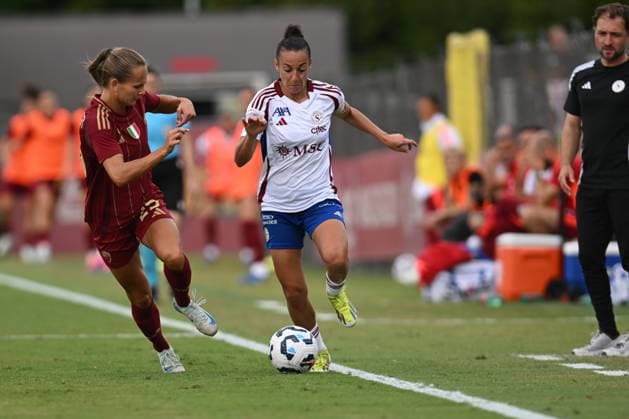 Paula Serrano of Servette Women and Frederikke Thogersen of A.S. Roma Women during the Champions League Women Match 18th September 2024 at the Tre Fontane Stadium in Rome  Copyright: xMassimilianoxCervera IPAxSportx x xx IPA_49793499 IPA_Agency_IPA49793499