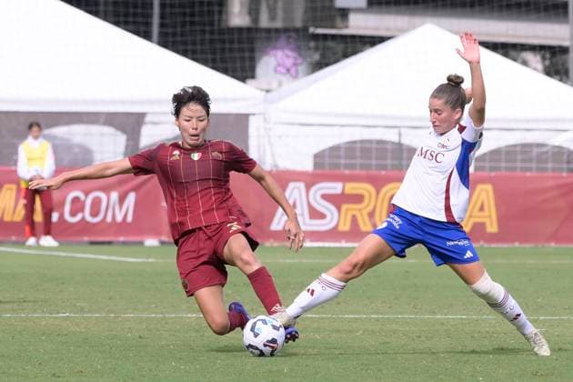AS Roma s Saki Kumagai and Servette s Laura Tufo during the UEFA Women& x2019;s Champions League 2024 2025 Round 2 between AS Roma vs Servette at the Tre Fontane stadium Rome on 18 September 2024. - Soccer.  Copyright: xFabrizioxCorradetti LaPressex