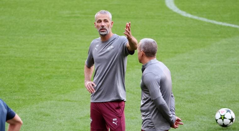 Atletico Madrid RB Leipzig CL MD 1 Madrid, 18 09 2024, Estadio Wanda Metropolitano, Fußball , UEFA Champions League, 1 Spieltag, Atletico Madrid vs RB Leipzig , Matchday 1, Abschlusstraining RB Leipzig , Im Bild Trainer Marco Rose, RB Leipzig und Co Trainer Frank Geideck , Only editorial use , UEFA regulations prohibit any use of photographs as image sequences and or quasi video , Picture Point