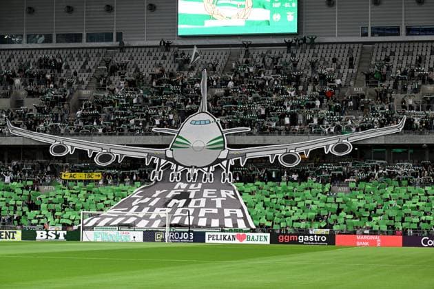 STOCKHOLM, SWEDEN 20240918 Hammarby supporters with a tifo in the form of an airplane with the text Nu lyfter vi mote Europa during Wednesdays football match, qualifying for the Chamions League, between Hammarby IF and Benfica at Tele2 Arena STOCKHOLM SWEDEN x10030x  Copyright: xJonasxEkströmer TTx CHAMPIONS LEAGUE HAMMARBY-BENFICA