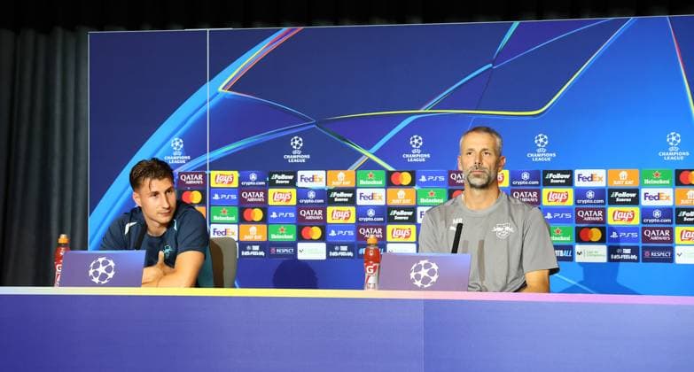 Atletico Madrid RB Leipzig CL MD 1 Madrid, 18 09 2024, Estadio Wanda Metropolitano, Fußball , UEFA Champions League, 1 Spieltag, Atletico Madrid vs RB Leipzig , Matchday 1, Pressekonferenz , Im Bild v l Willi Orban Player RB Leipzig und Trainer Marco Rose RB Leipzig , Only editorial use , UEFA regulations prohibit any use of photographs as image sequences and or quasi video , Picture Point