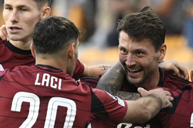 Kaan Kairinen (right) celebrates goal during the Football Champions League 1st round match: Sparta Prague vs Red Bull Salzburg in Prague, Czech Republic, September 18, 2024. (CTKxPhoto MichalxKamaryt) CTKPhotoP2024091807846  CTKPhotoP2024091807846