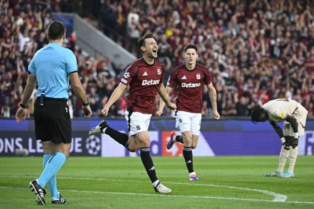 Kaan Kairinen (centre) of Sparta celebrates goal during the Football Champions League 1st round match: Sparta Prague vs Red Bull Salzburg in Prague, Czech Republic, September 18, 2024. (CTKxPhoto MichalxKamaryt) CTKPhotoP2024091807847  CTKPhotoP2024091807847
