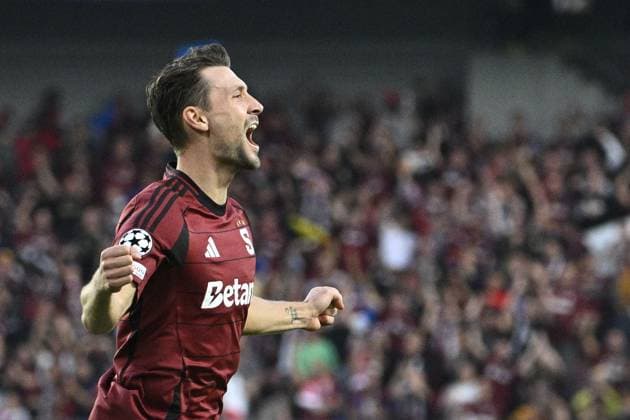 Kaan Kairinen (centre) of Sparta celebrates goal during the Football Champions League 1st round match: Sparta Prague vs Red Bull Salzburg in Prague, Czech Republic, September 18, 2024. (CTKxPhoto MichalxKamaryt) CTKPhotoP2024091807853  CTKPhotoP2024091807853