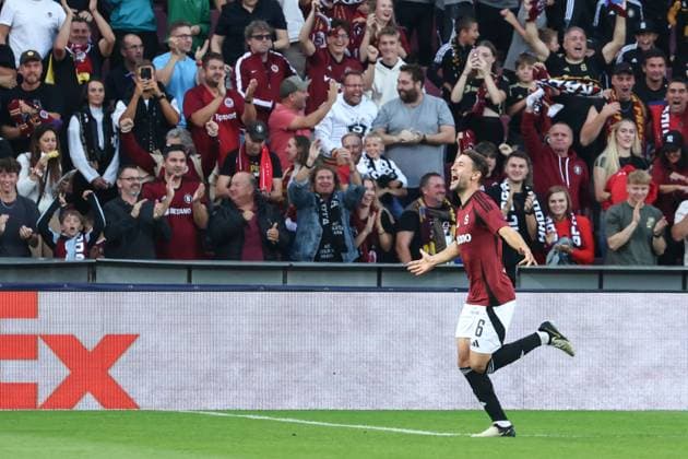 SOCCER - UEFA CL, Prag vs RBS PRAGUE,CZECH REPUBLIC,18.SEP.24 - SOCCER - UEFA Champions League, AC Sparta Prag vs Red Bull Salzburg. Image shows the rejoicing of scorer Kaan Kairinen (Sparta).  GEPAxpictures xDavidxGeieregger
