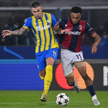 Dc Bologna 18 09 2024 - Champions League Bologna-Shakhtar Donetsk foto Domenico Cippitelli Image nella foto: Dan Ndoye-Oleksandr Zubkov 