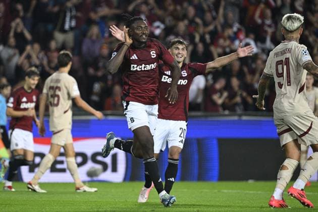 Victor Olatunji (centre left) celebrates goal during the Football Champions League 1st round match: Sparta Prague vs Red Bull Salzburg in Prague, Czech Republic, September 18, 2024. (CTKxPhoto MichalxKamaryt) CTKPhotoP2024091808198  CTKPhotoP2024091808198